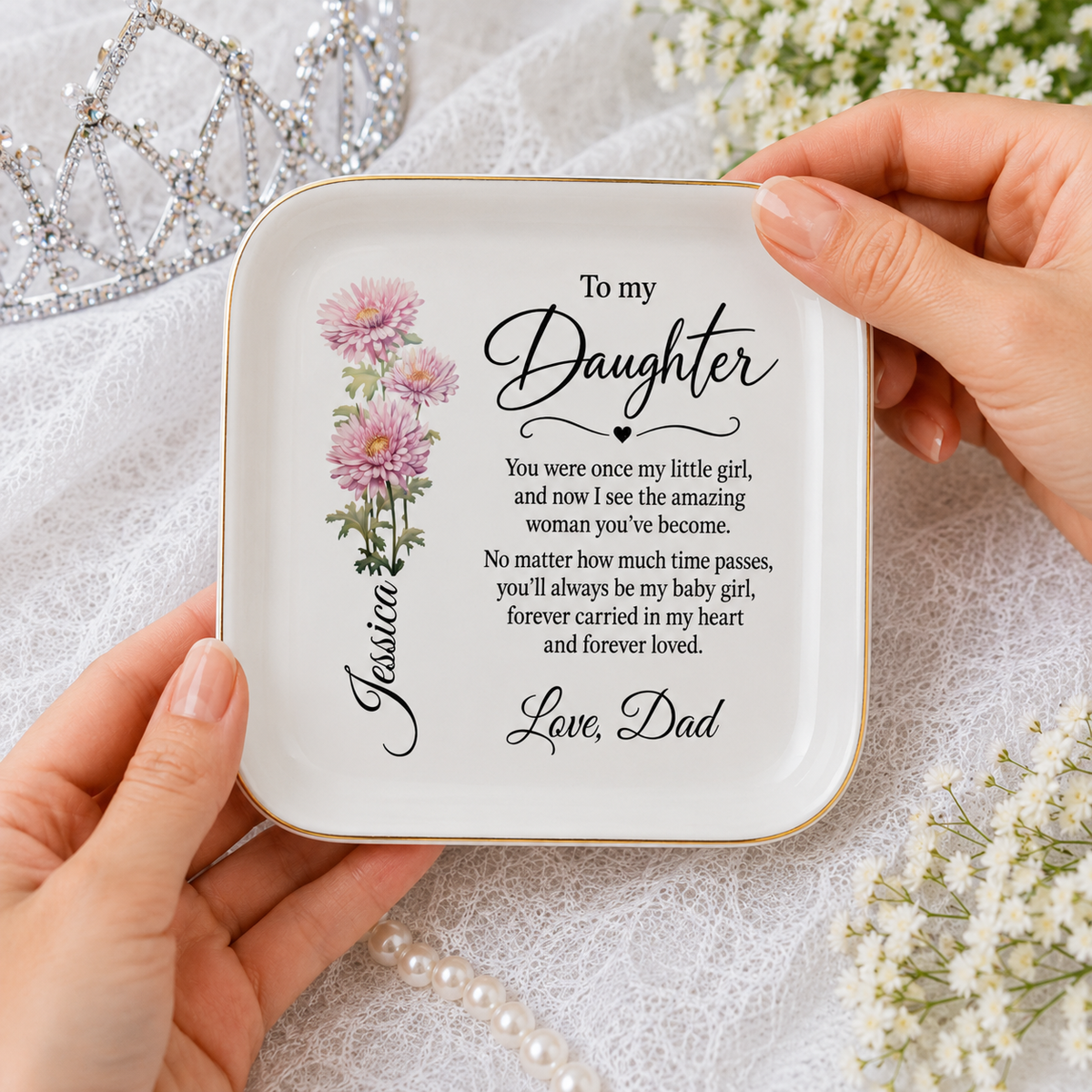 To My Daughter Birth Month Flower, Personalized Jewelry Dish