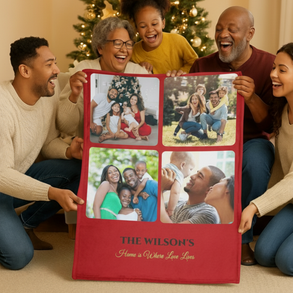 Custom Name Photo Blanket – Family Collage Throw, Christmas & Anniversary Gift