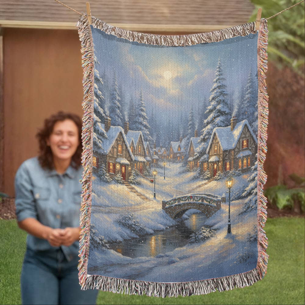 Handwoven Heirloom Blanket - Old Village Artwork Cotton Throw