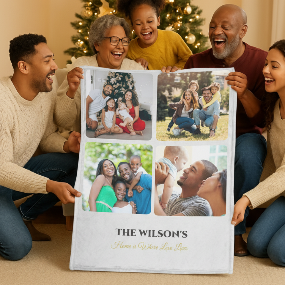 Custom Name Photo Blanket – Family Collage Throw, Christmas & Anniversary Gift