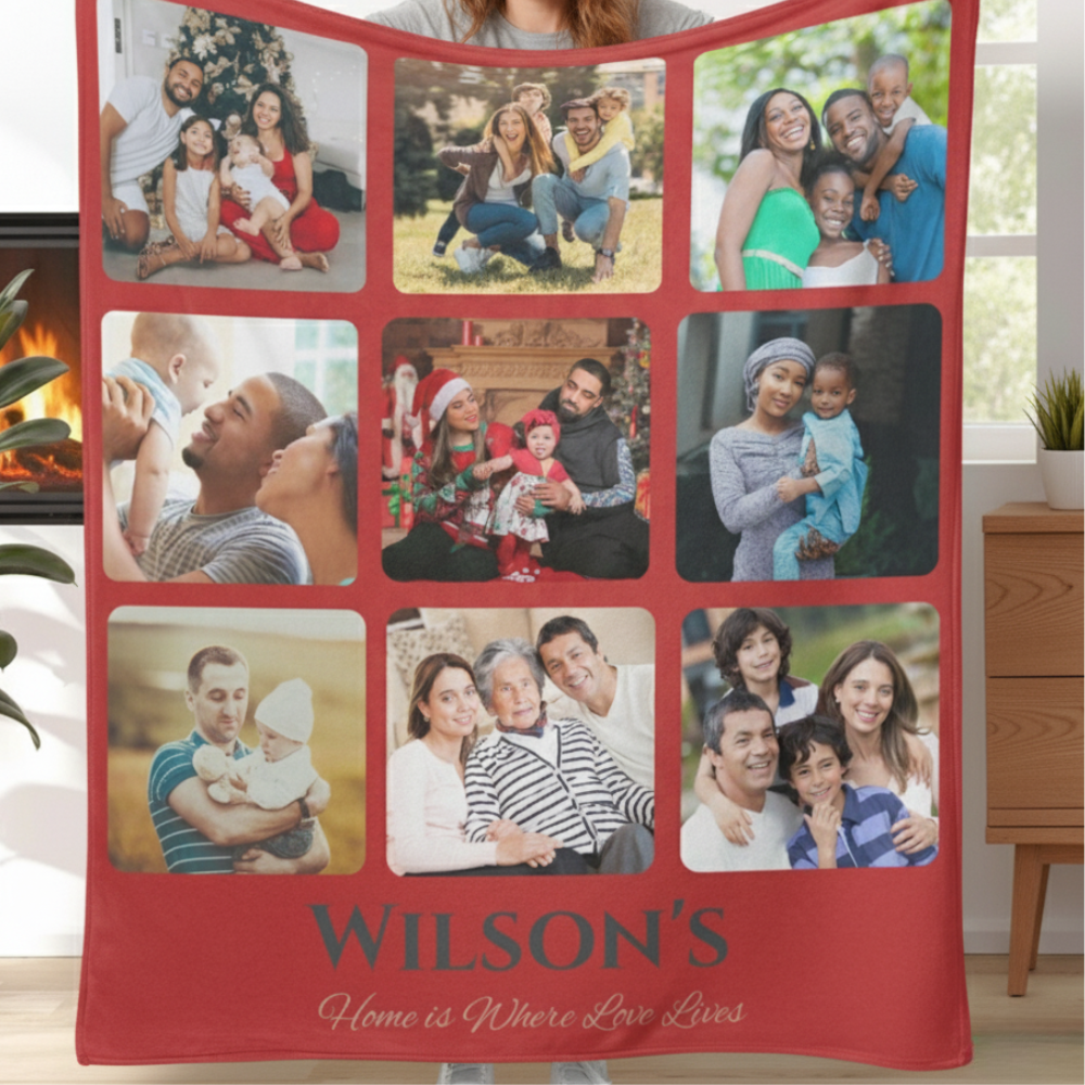 Custom Name Photo Blanket – Family Collage Throw, Christmas & Anniversary Gift