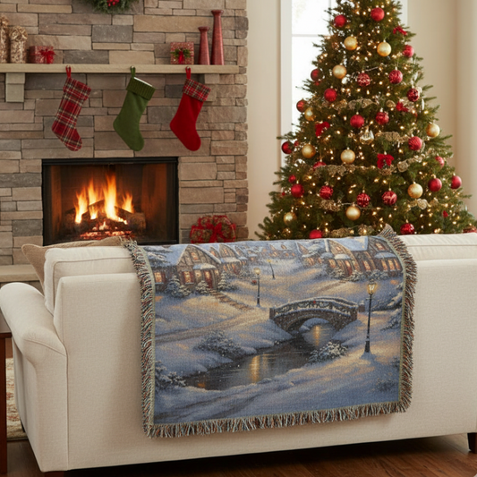 Handwoven Heirloom Blanket - Old Village Artwork Cotton Throw