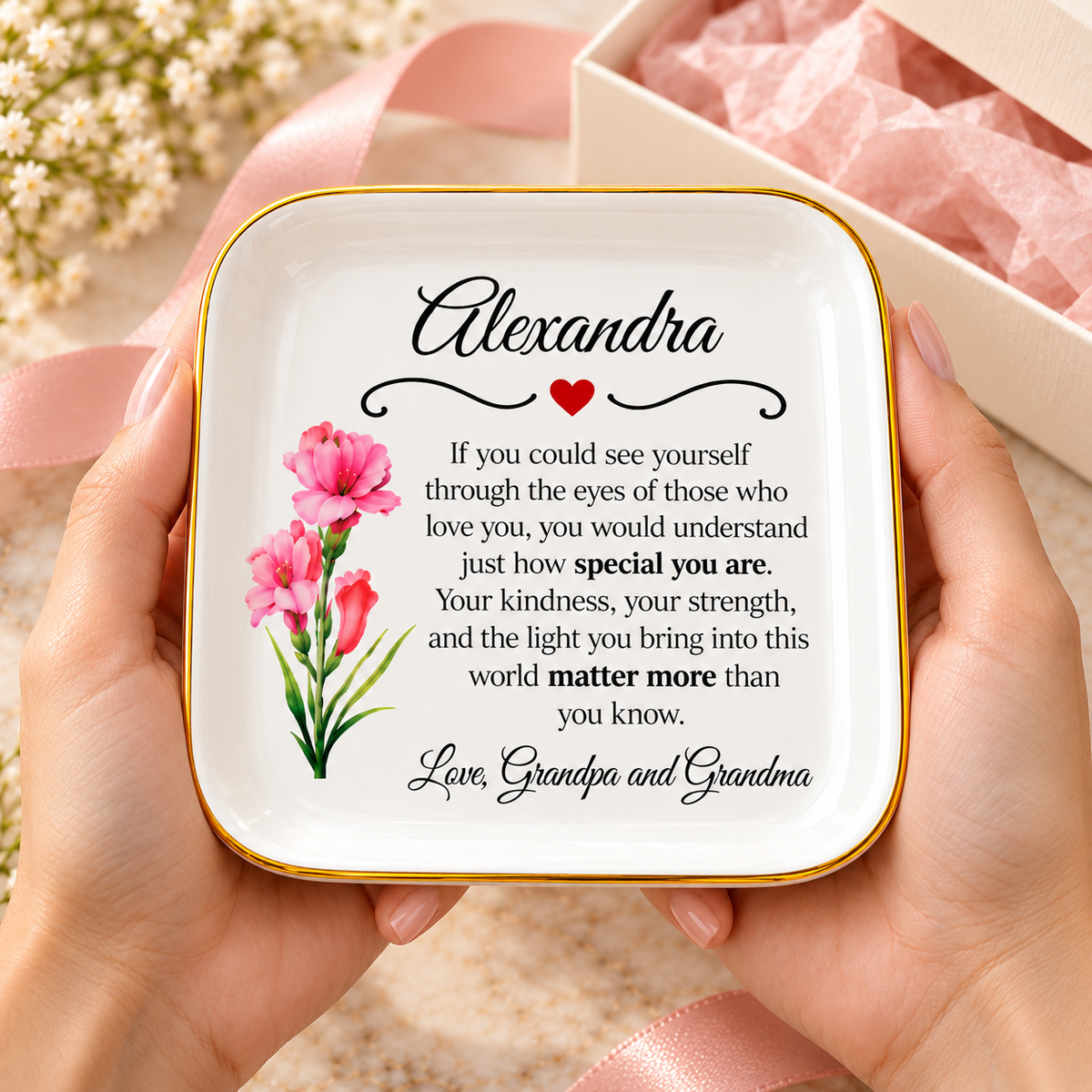 Personalized Birth Flower Jewelry Dish – A Gift Made Just for Her