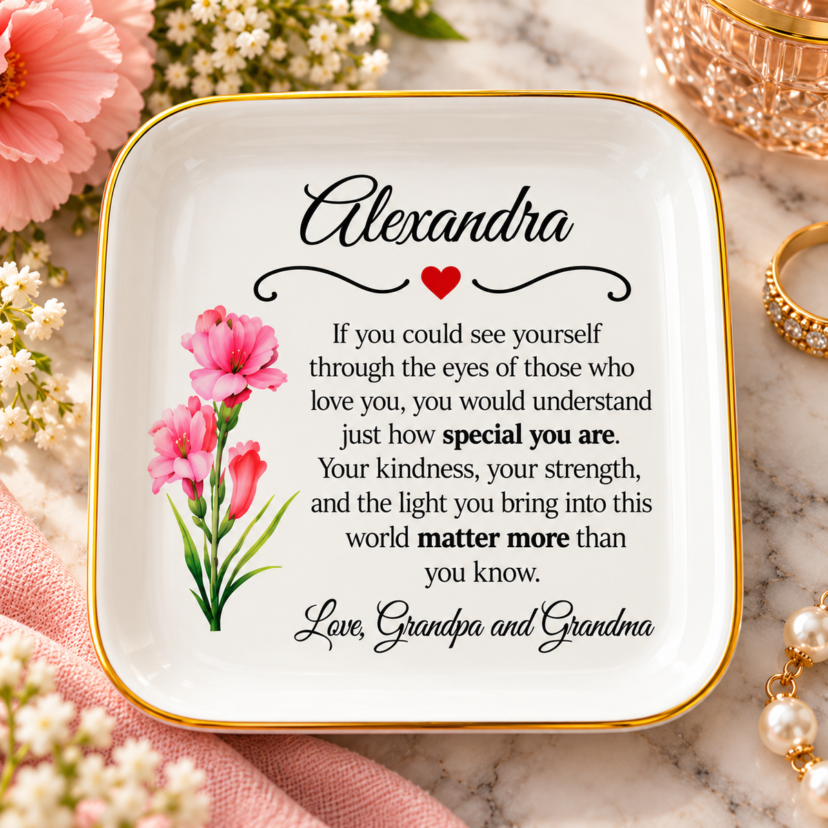 Personalized Birth Flower Jewelry Dish – A Gift Made Just for Her