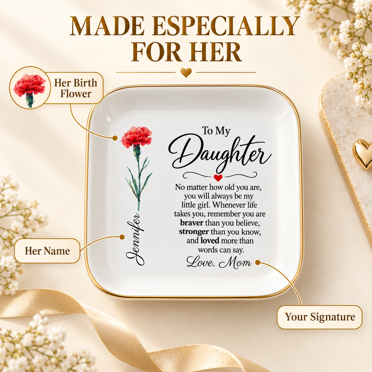 To My Daughter Personalized Birth Flower Jewelry Dish — Gift From Mom