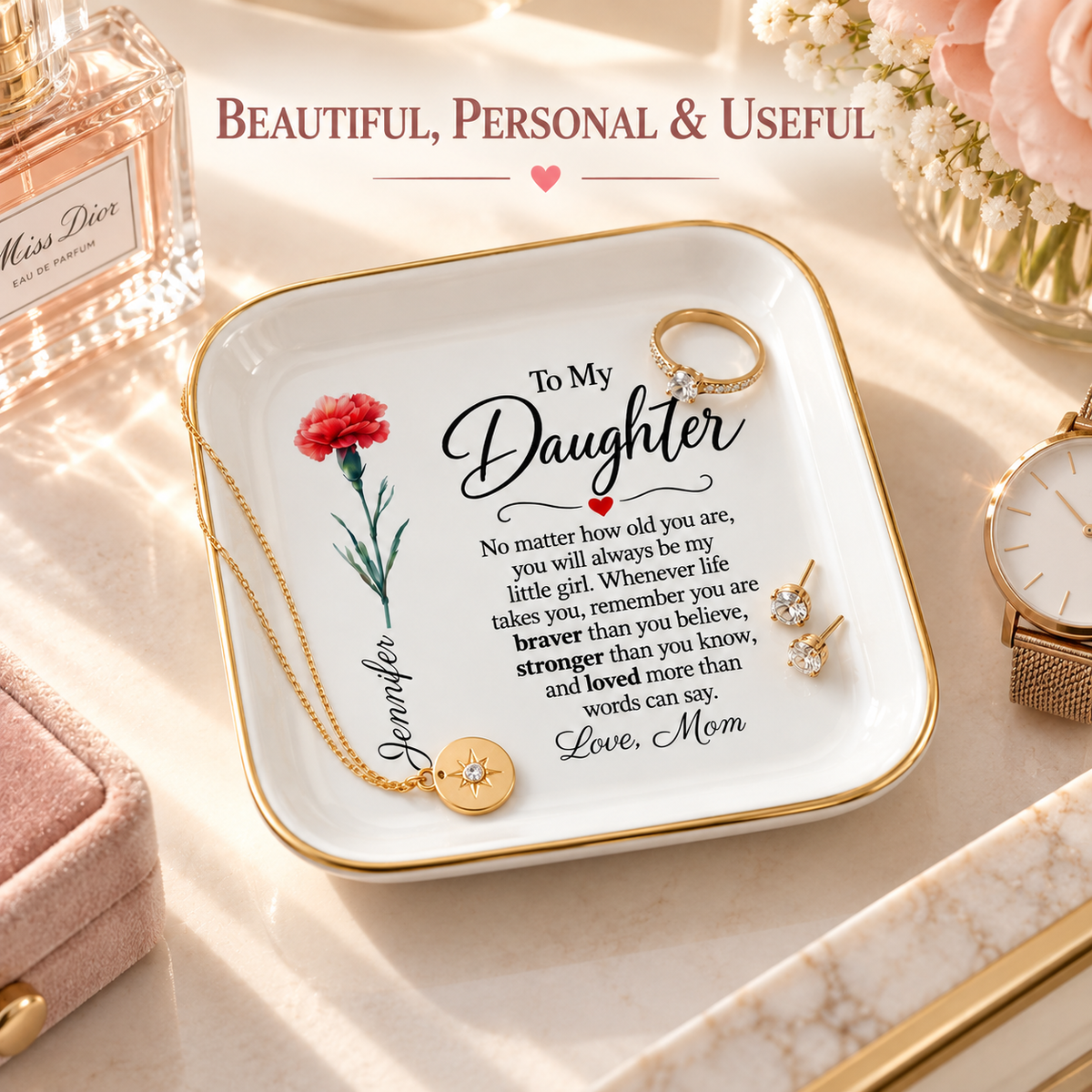 To My Daughter Personalized Birth Flower Jewelry Dish — Gift From Mom