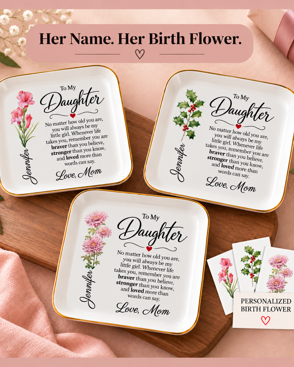To My Daughter Personalized Birth Flower Jewelry Dish — Gift From Mom