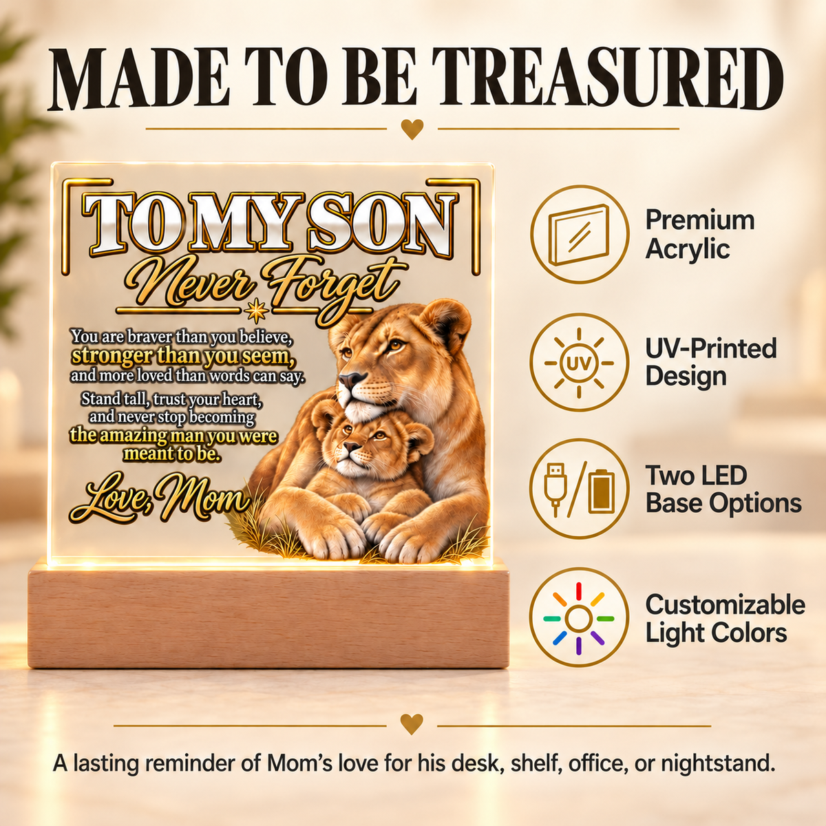 To My Son “Never Forget” LED Acrylic Plaque – Meaningful Gift From Mom