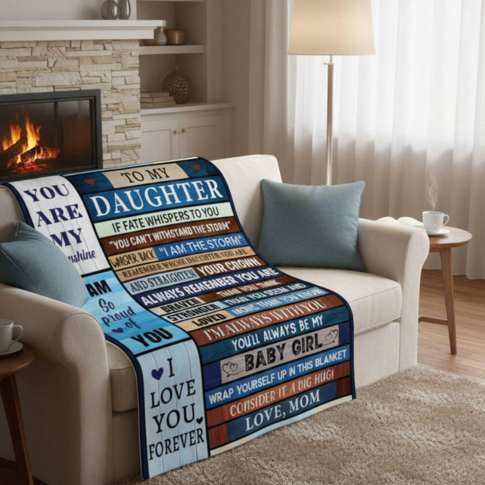 "To My Daughter blanket displayed on a cozy cream armchair with fireplace and pillows in the background."