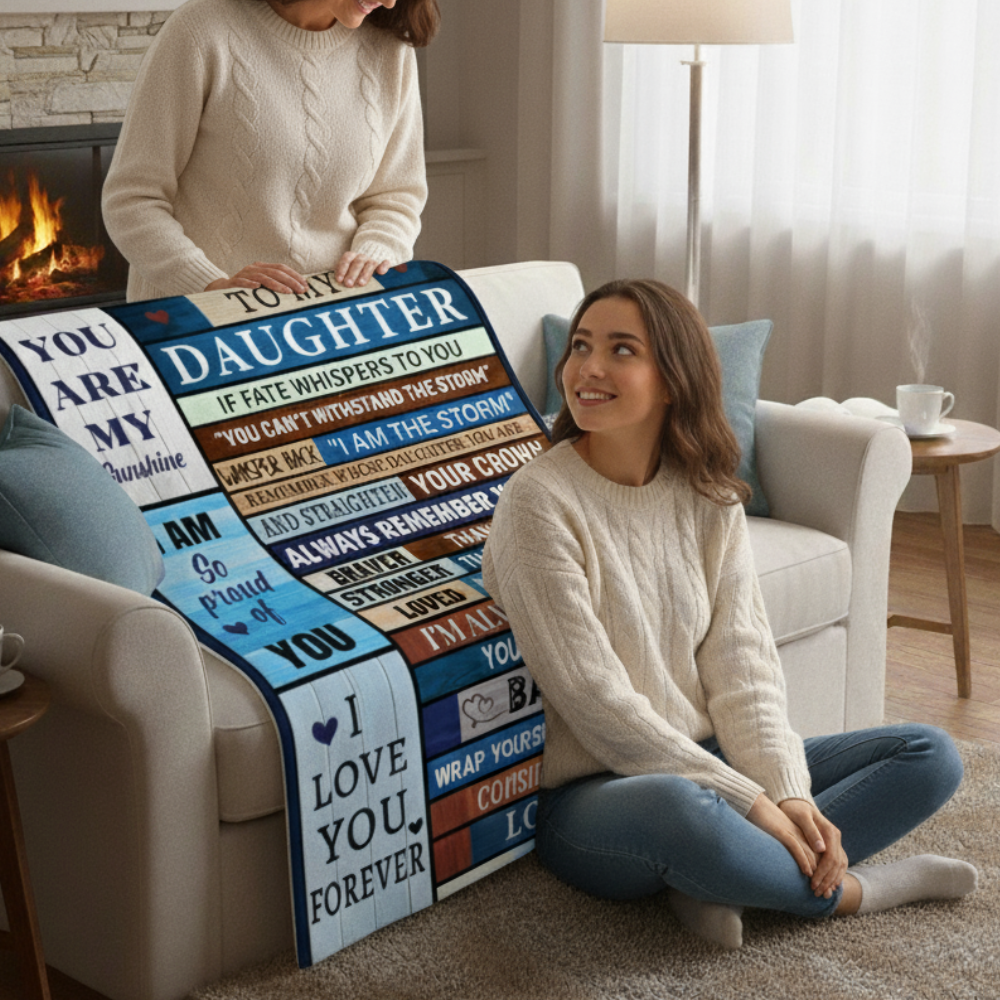 "Young daughter smiling beside a heartfelt ‘To My Daughter’ blanket in a bright living room."