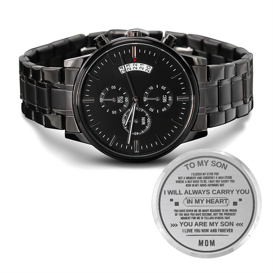 To My Son – Engraved Black Chronograph Watch | A Gift He’ll Never Forget