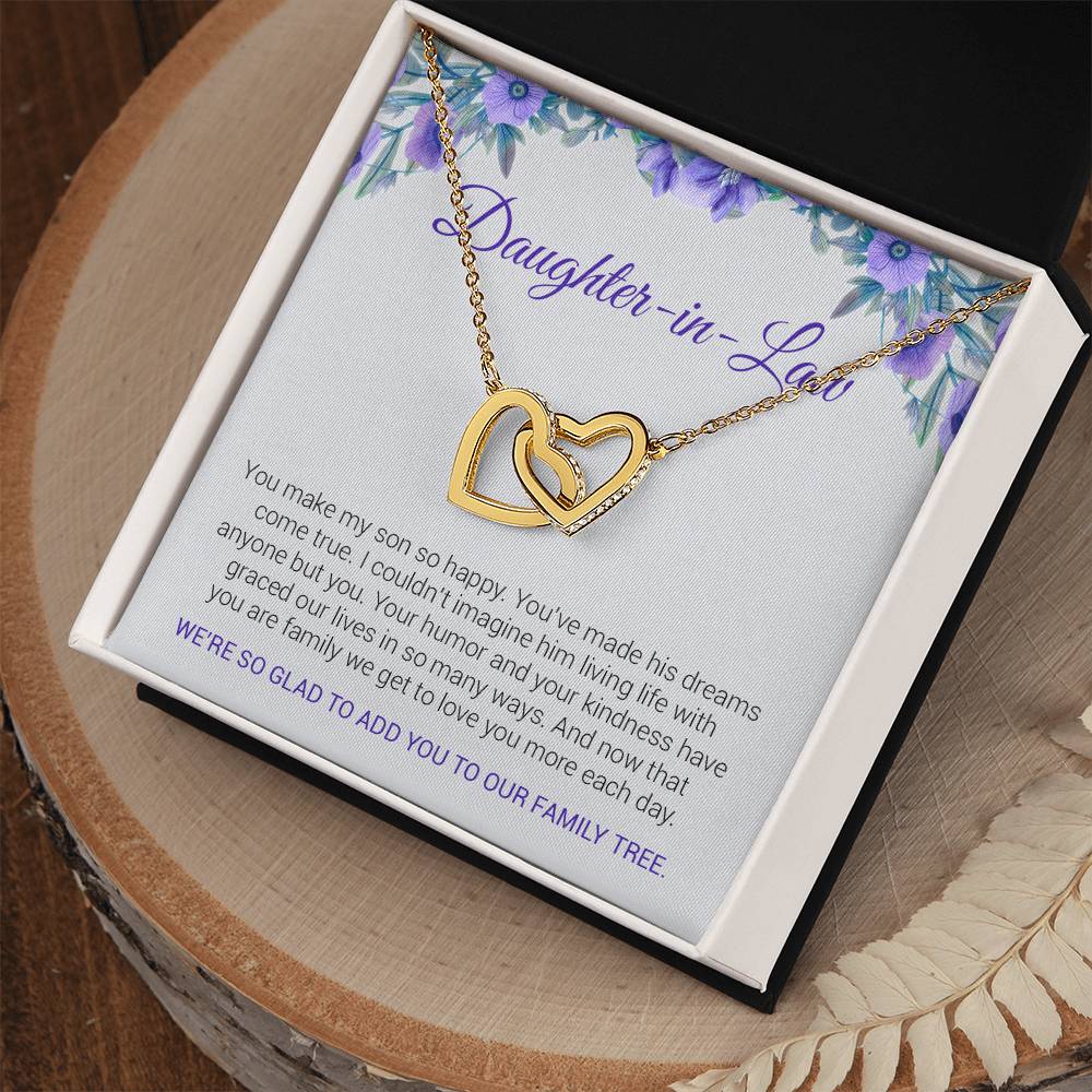To My Daughter-In-Law | We're So Glad To Add You To Our Family Tree - Interlocking Hearts necklace