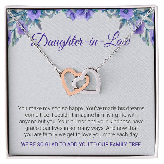 To My Daughter-In-Law | We're So Glad To Add You To Our Family Tree - Interlocking Hearts necklace