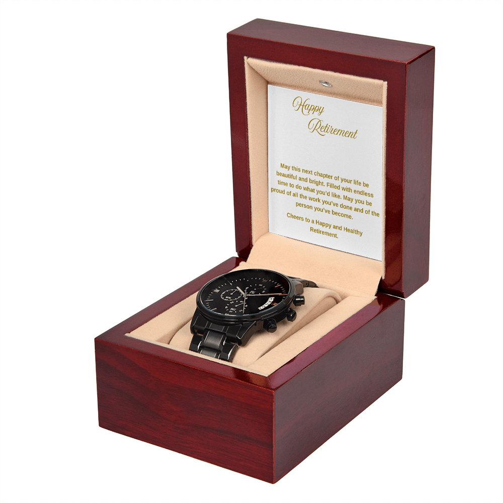 Retirement Gift - Cheers to a Happy Retirement - Black Chronograph Watch