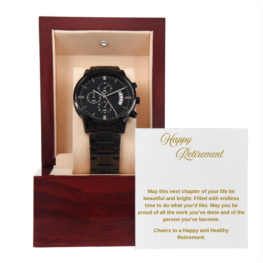 Retirement Gift - Cheers to a Happy Retirement - Black Chronograph Watch
