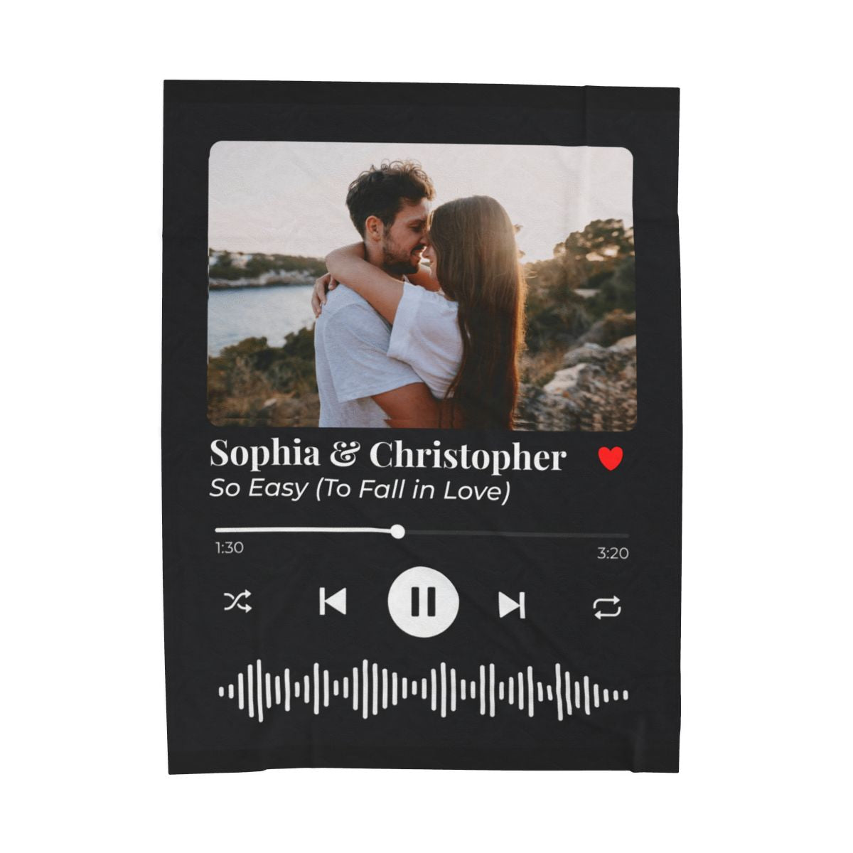 Personalized blanket with a couple embracing and music player design, featuring the names 'Sophia & Christopher' and a heart symbol.