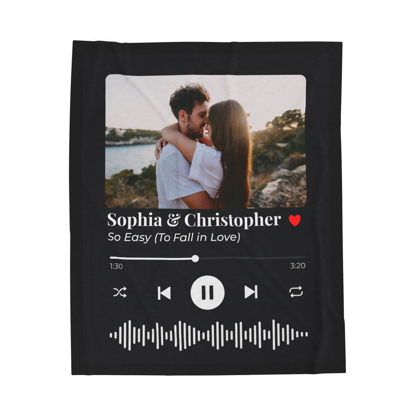 Personalized blanket with a photo of a couple and music player design.